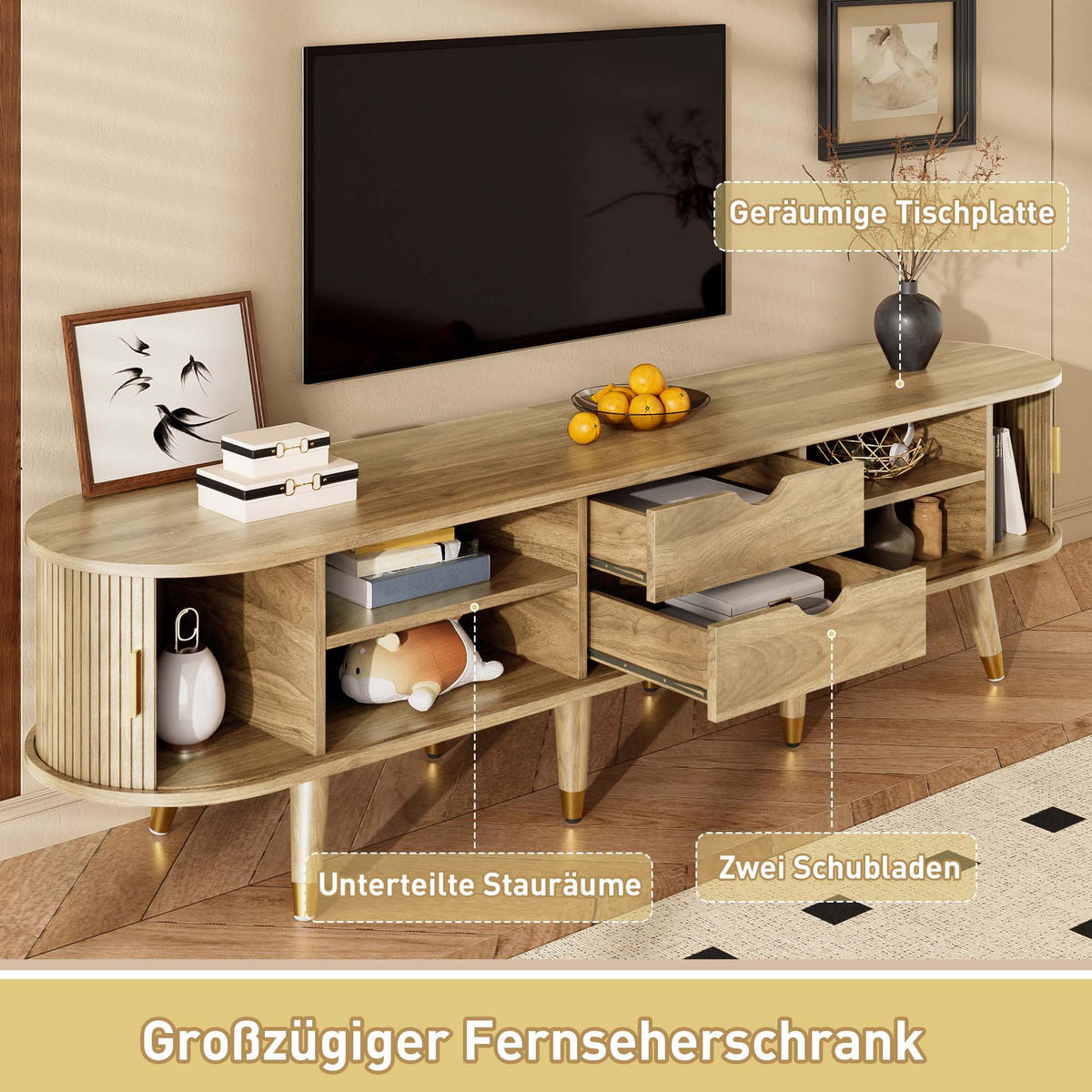 TV-LOWBOARD Oval 175 cm in Eiche-Optik - Eichefarben, Holzwerkstoff (175/45/38cm) - Urban Meuble