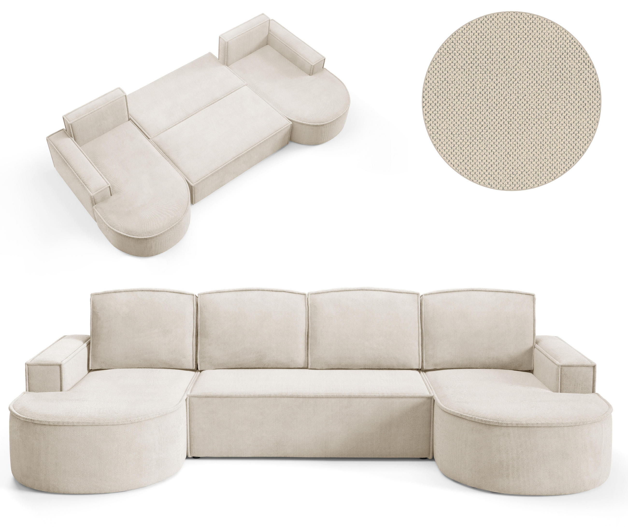 ECKSOFA MOLLY U Freistehendes, mit Schlaffunktion, 140x273cm, Bettkasten und Abnehmbaren Kissen – 316x157x88cm, Curio Stoff, Beige - Beige, Holz/Textil (316/157cm) - DomoHome