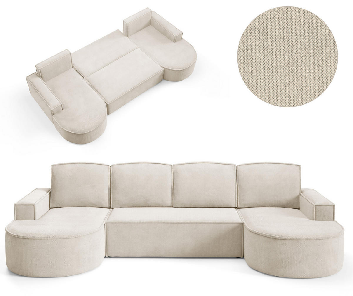 ECKSOFA MOLLY U Freistehendes, mit Schlaffunktion, 140x273cm, Bettkasten und Abnehmbaren Kissen – 316x157x88cm, Curio Stoff, Beige - Beige, Holz/Textil (316/157cm) - DomoHome
