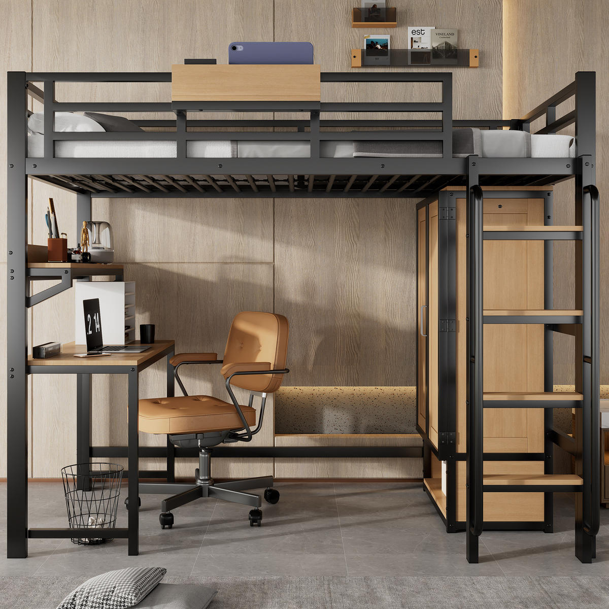 HOCHBETT 90/200 cm mit Kleiderschrank, Schreibtisch und Regal in Schwarz/Natur - Schwarz, Metall (90/200cm) - Flora Grace