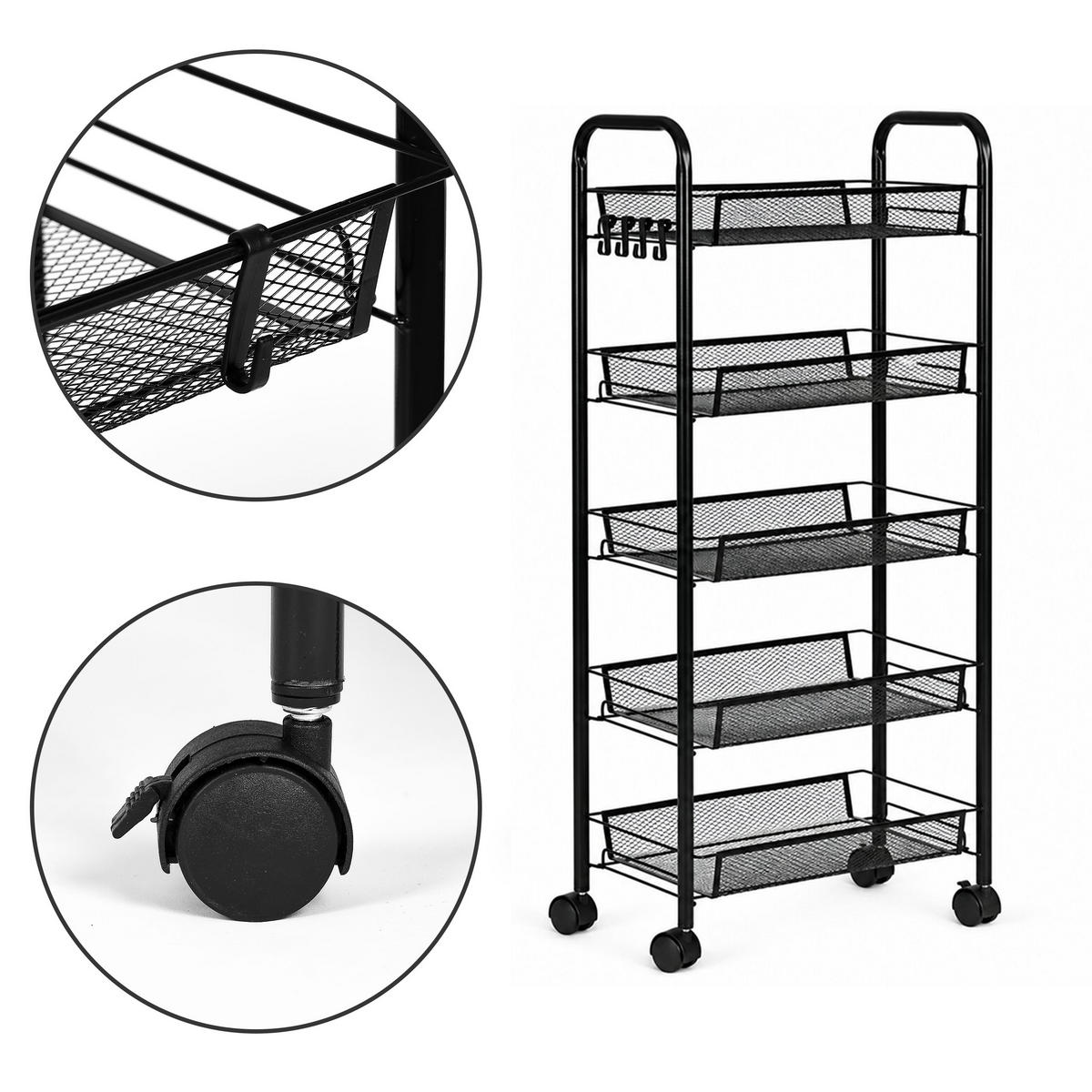 ROLLWAGEN Metall, 5 Ablagekörbe, 103 cm, Schwarz, mit Haken - Schwarz, Metall (45/103/26cm) - Mat-Haus