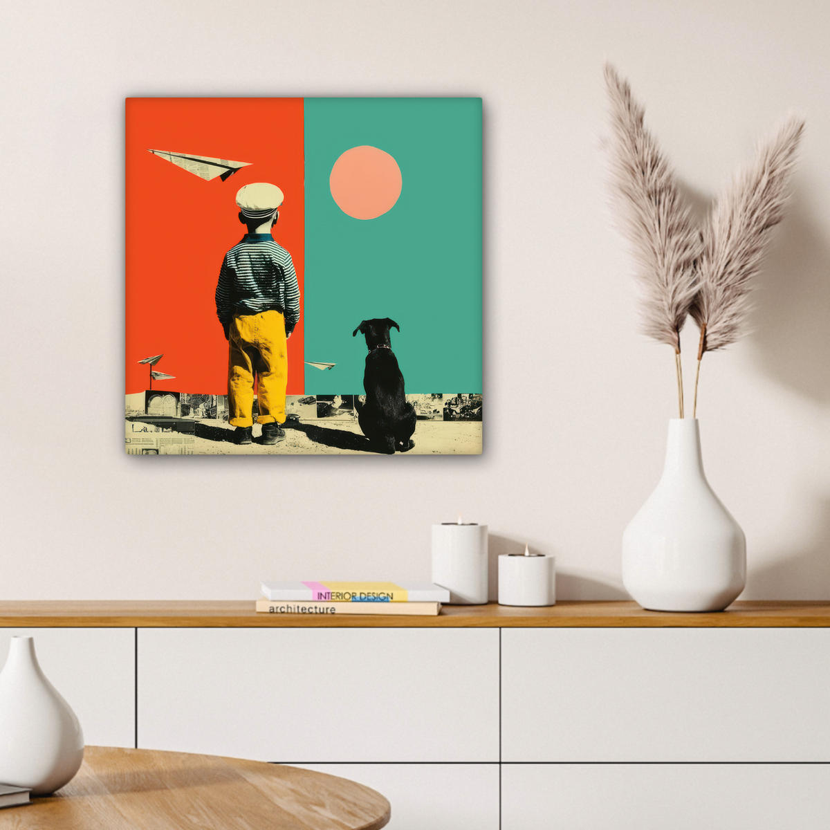 LEINWANDBILD Retro - Junge - Hund - Rot - Grün Wandbild Wohnzimmer 50x50 cm - Orange, Textil (50/50cm) - MuchoWow