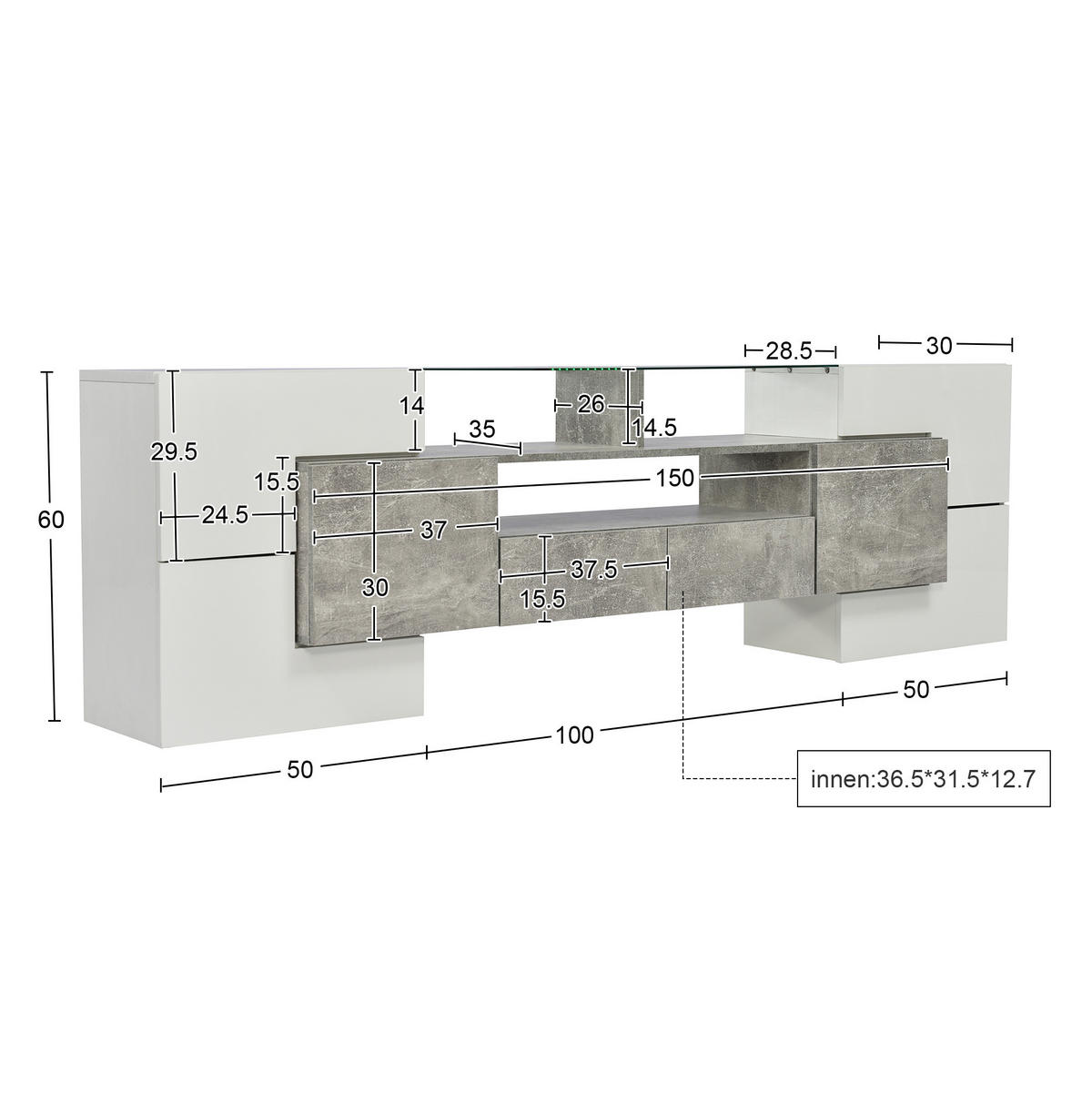 TV ormarić 200/35/60 cm bijeli visokog sjaja i sivi od MDF-a s LED rasvjetom i staklenom površinom - bijela, drvni materijal (200/60/35cm) - OKWISH