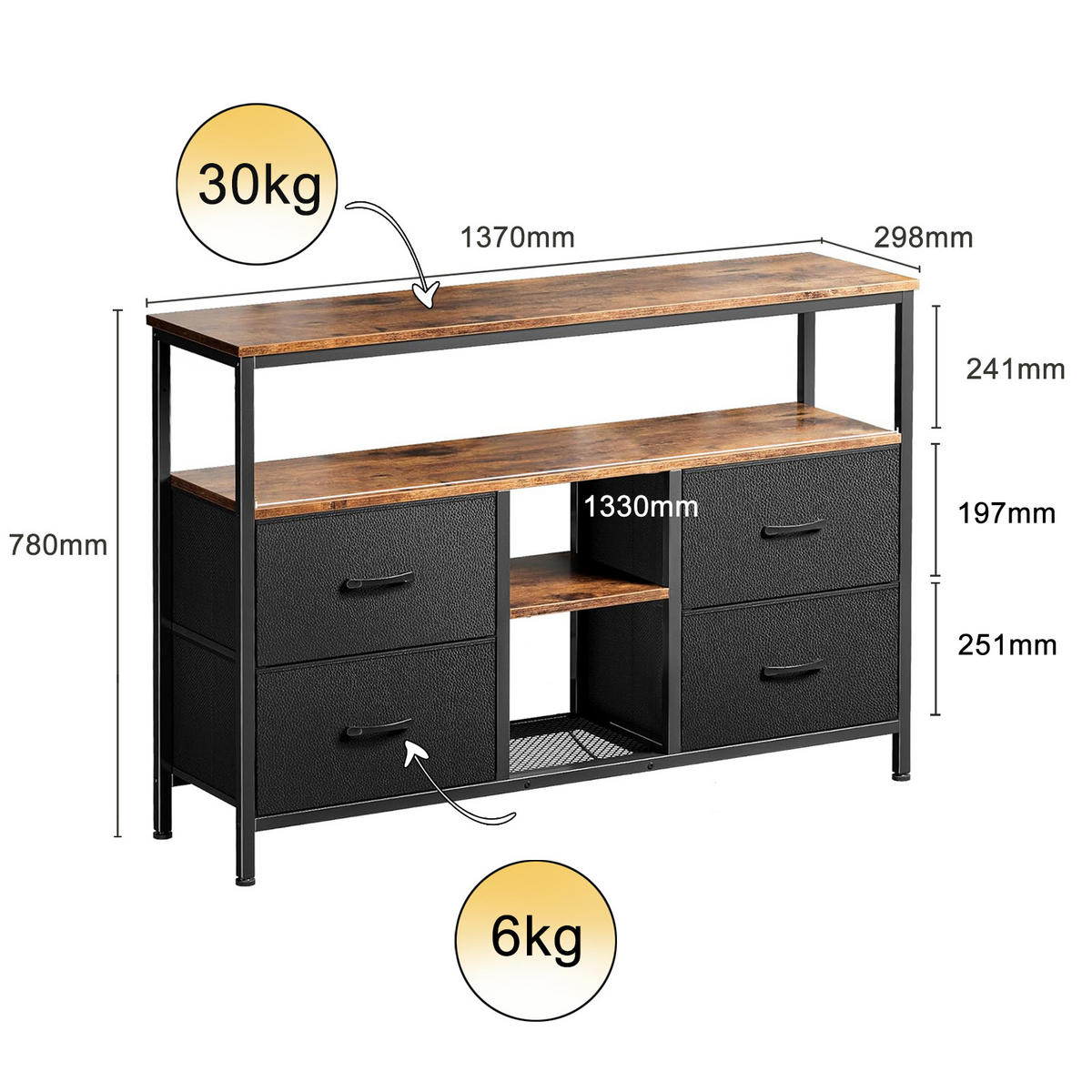 TV-SCHRANK 137 CM - Tigerholz-Optik mit Tigerholz-Stoffschubladen - Schwarz, Holz (30/78/137cm)