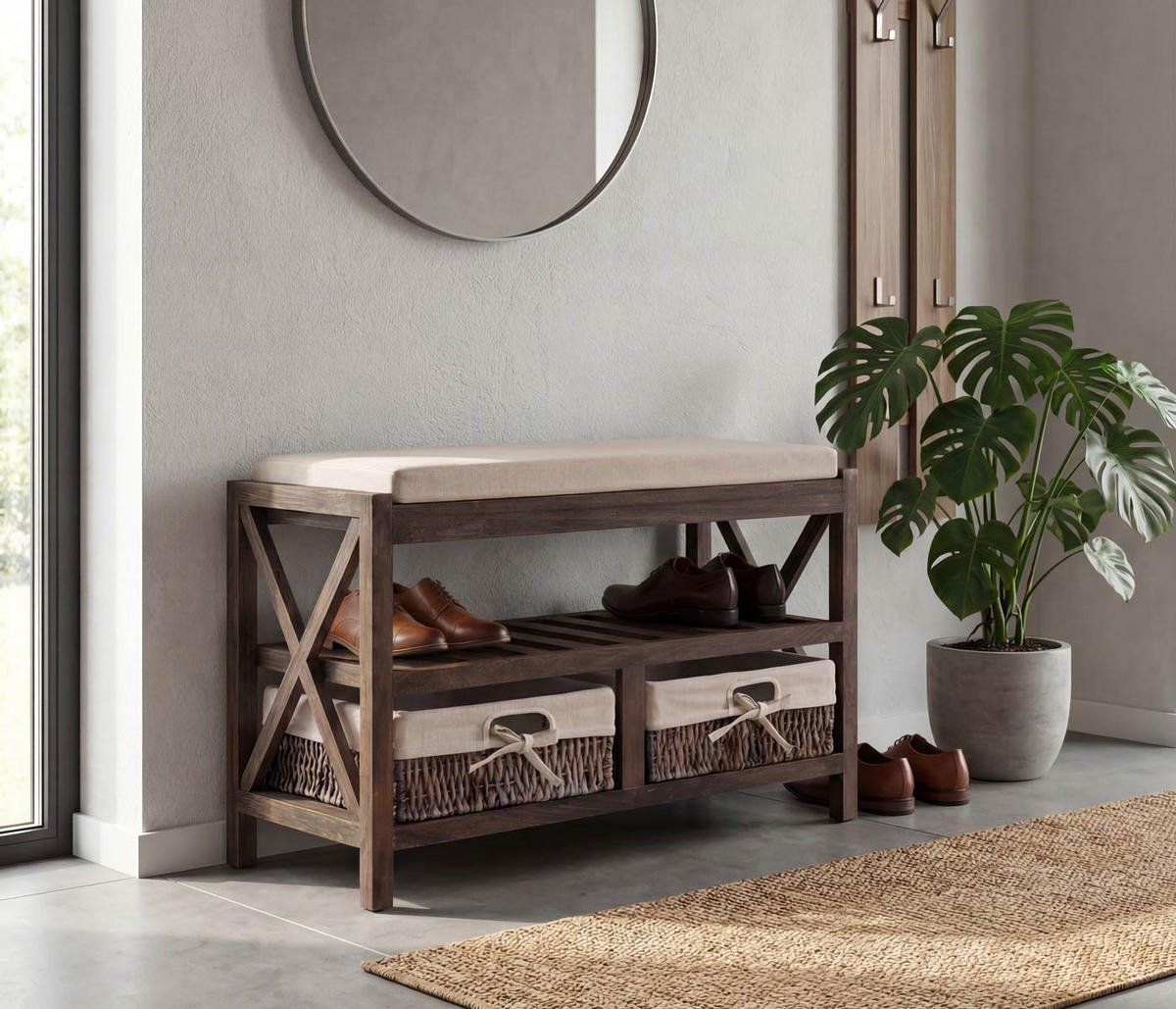 SCHUHREGAL SITZBANK Braun, Cremeweiß - Braun/Weiß, Holz (65/45/34cm) - MCW