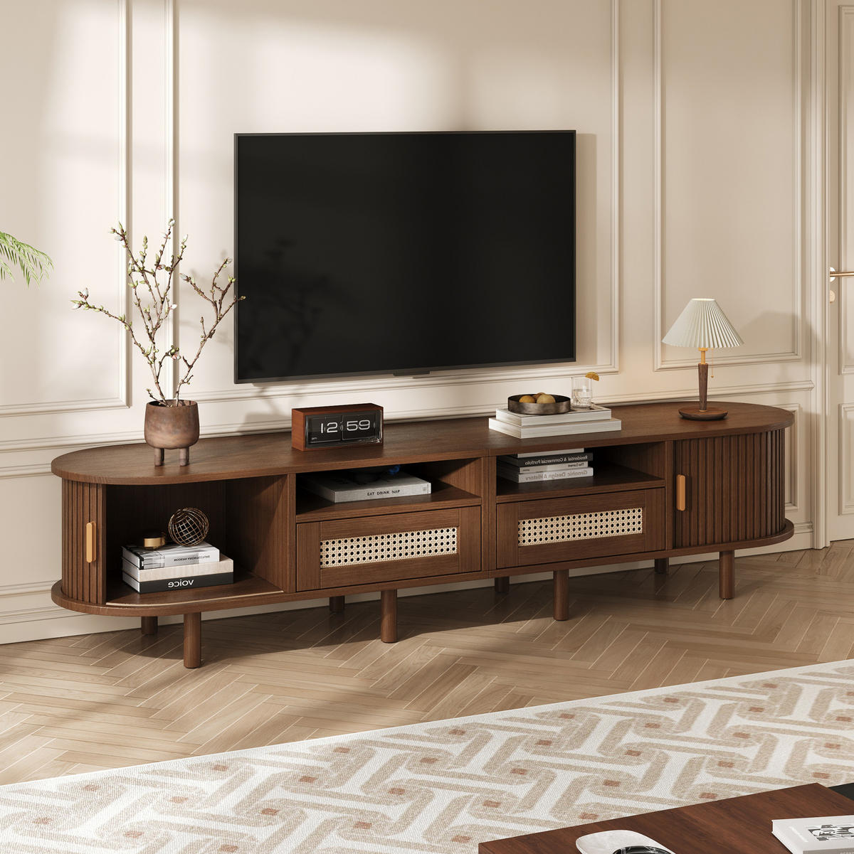 TV ormarić 170/40/40 cm tamni hrast od MDF-a i drva s kliznim vratima i ladicama - smeđa, drvni materijal (170/40/40cm) - OKWISH
