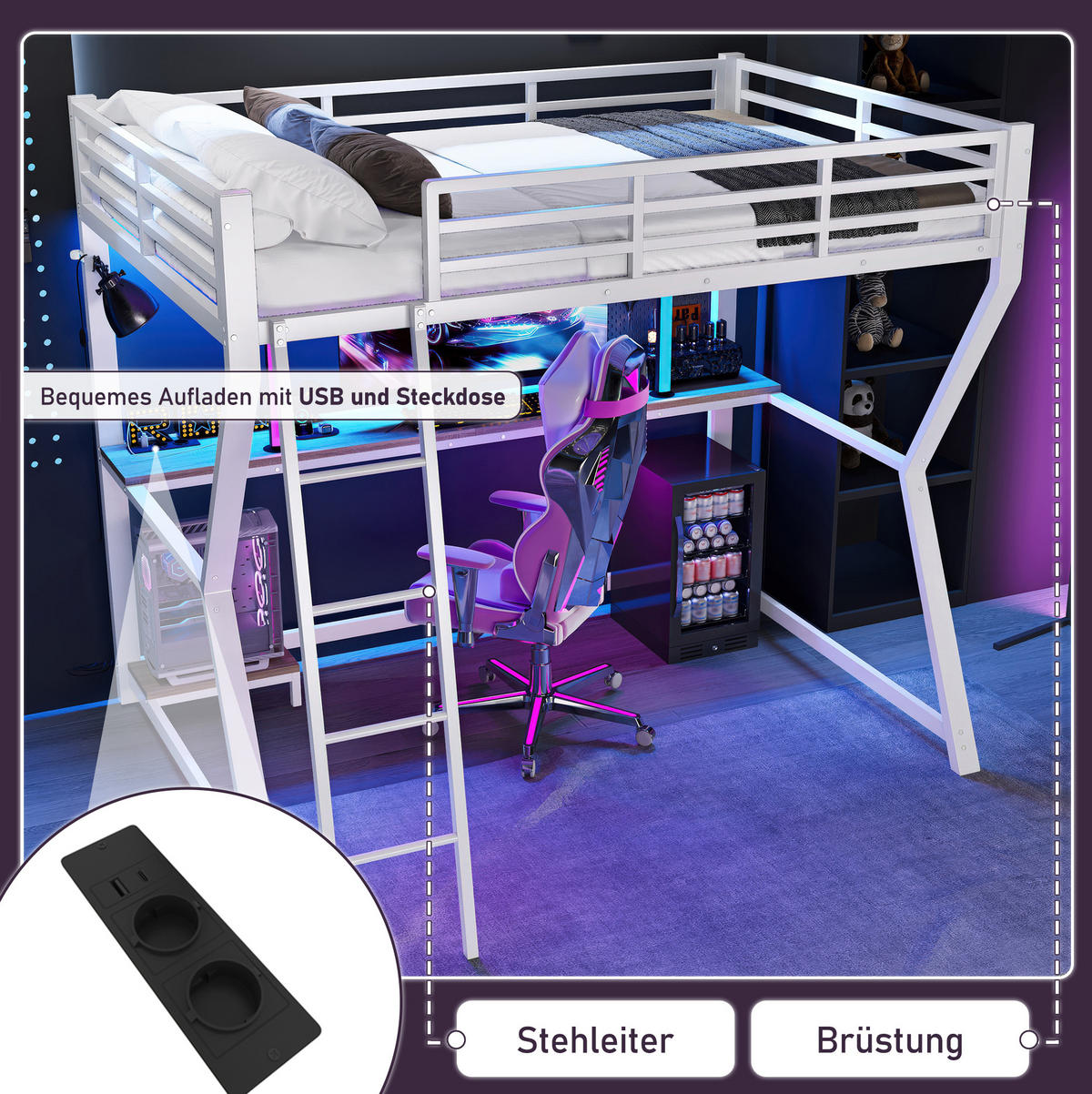 HOCHBETT aus Metall und MDF 90x200 cm Weiß mit LED-Beleuchtung, Schreibtisch, Steckdose und USB - Weiß, Metall (90/200cm) - IVMEU