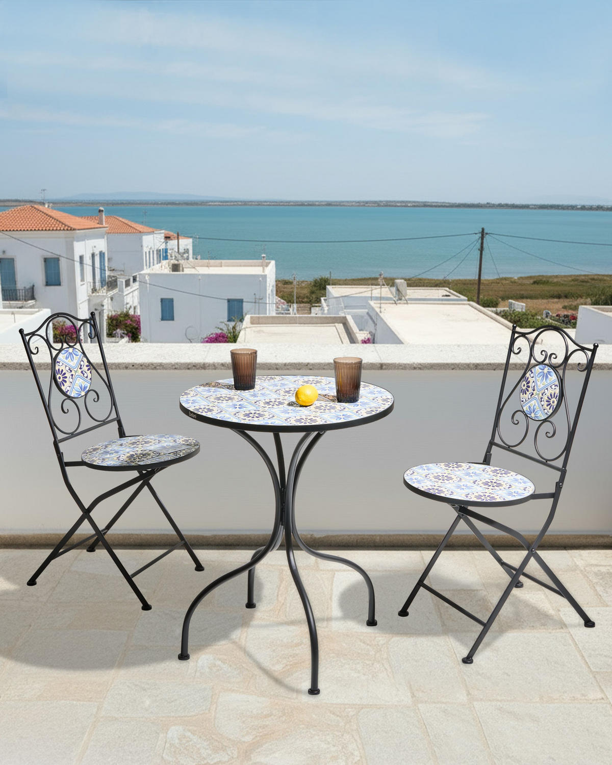 GARTENSTUHL 2er-Set Schwarz Aggius - Blau/Schwarz, Metall (87/47/39cm) - Beliani