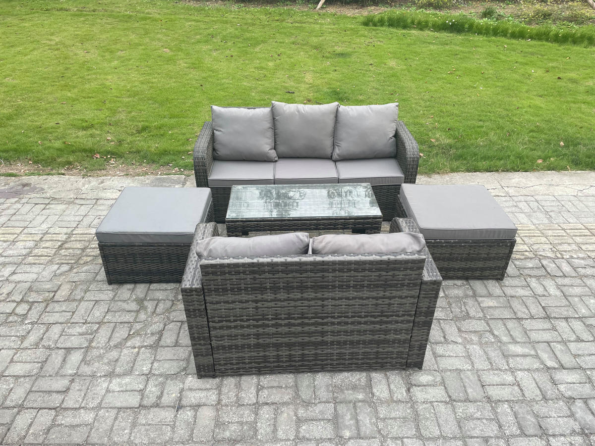 GARTENSOFA SET mit COUCHTISCH Polyrattan 7-Sitzer - Dunkelgrau/Grau, Glas/Kunststoff - Fimous