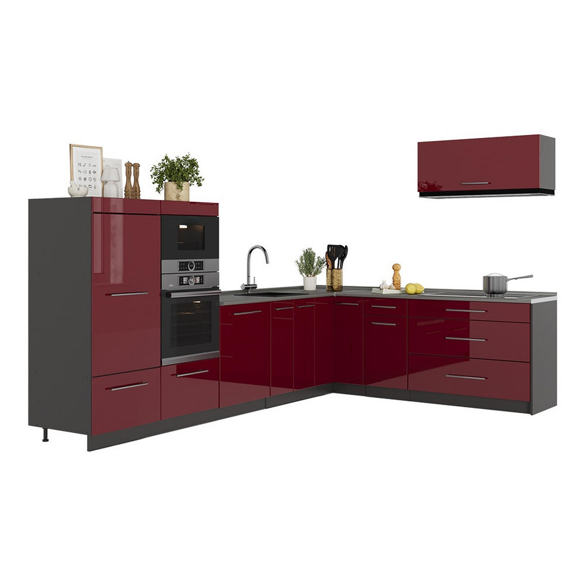 KUHINJA U OBLIKU SLOVA L Fame-Line, Bordo visokog sjaja/Antracit, 327 x 227 cm bez radne ploče - bordo/antracit, drvni materijal (327/153.6/51.6cm) - Vicco