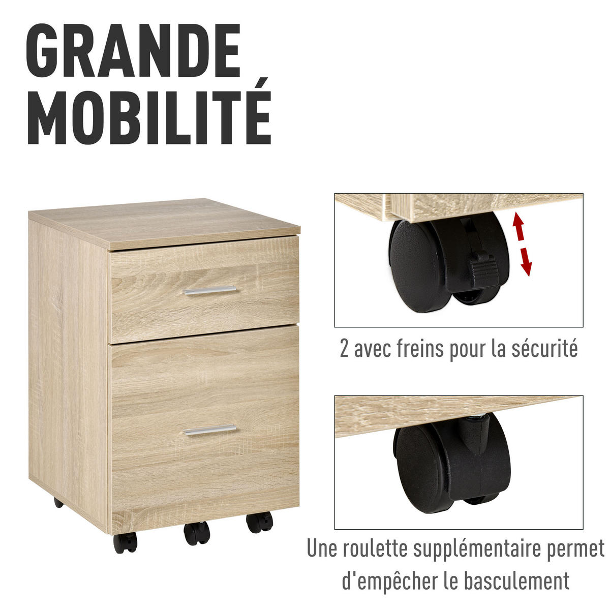 ROLLCONTAINER DE-14406 2 Schubladen, 5 Rollen Eiche - Eichefarben, Holzwerkstoff (39/58.5/39.5cm) - ComfortXL