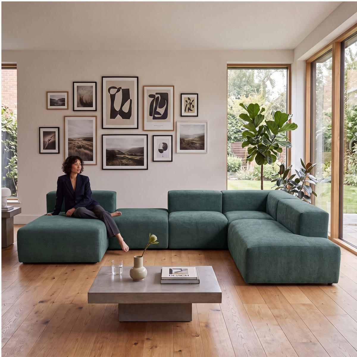 5-SITZER modulares Wohnlandschaft U XXL HEAVEN SET 6 Rechts, Breite 375 cm Webstoff Dunkelgrün - Dunkelgrün/Schwarz, Holz/Kunststoff (245/73/375cm) - Muffo
