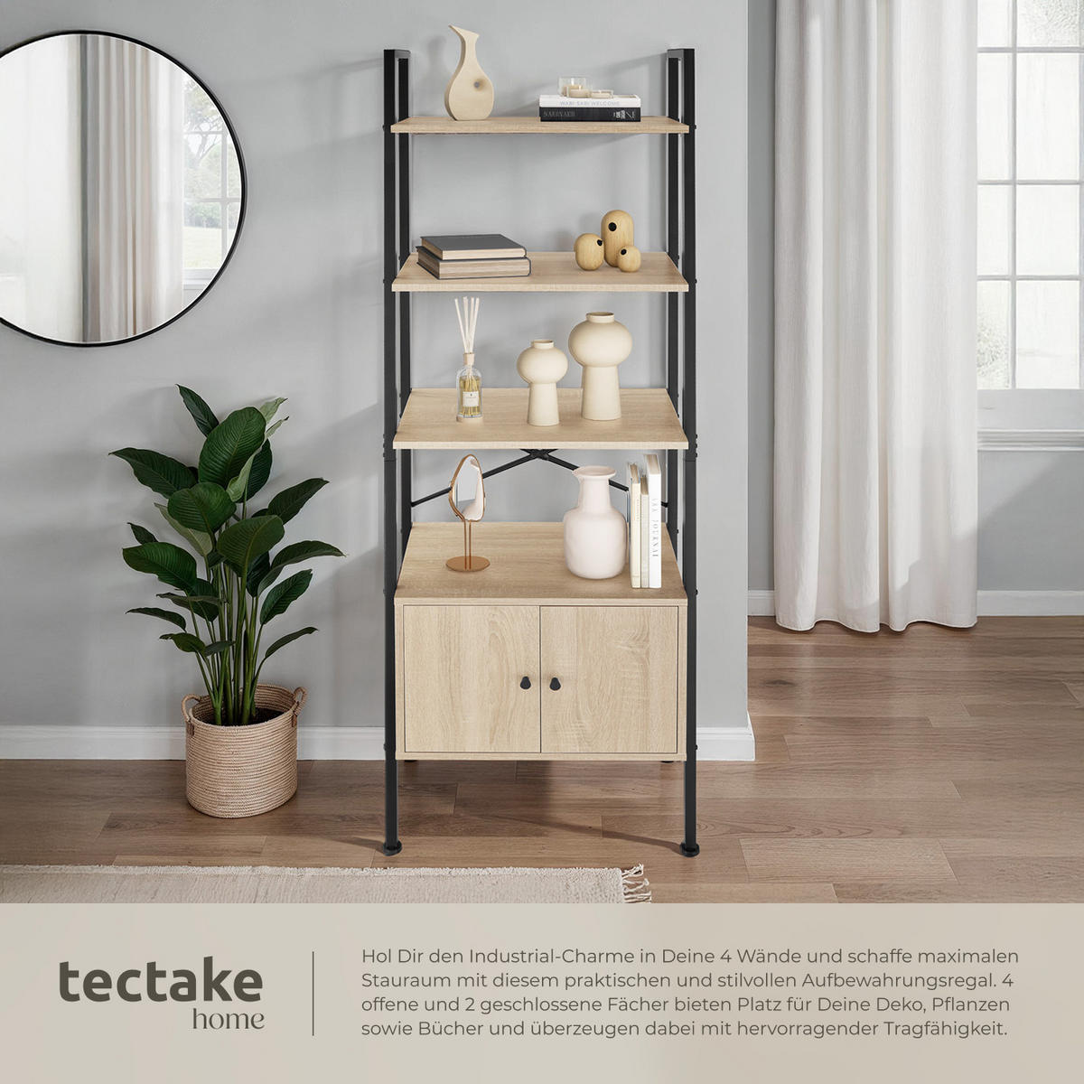 LEITERREGAL Brentwood,inklusive Kippschutz, 57,5 x 34 x 173 cm,Industrial Holz hell, Eiche Sonoma - Naturfarben, Holzwerkstoff (34/173/57.5cm) - tectake