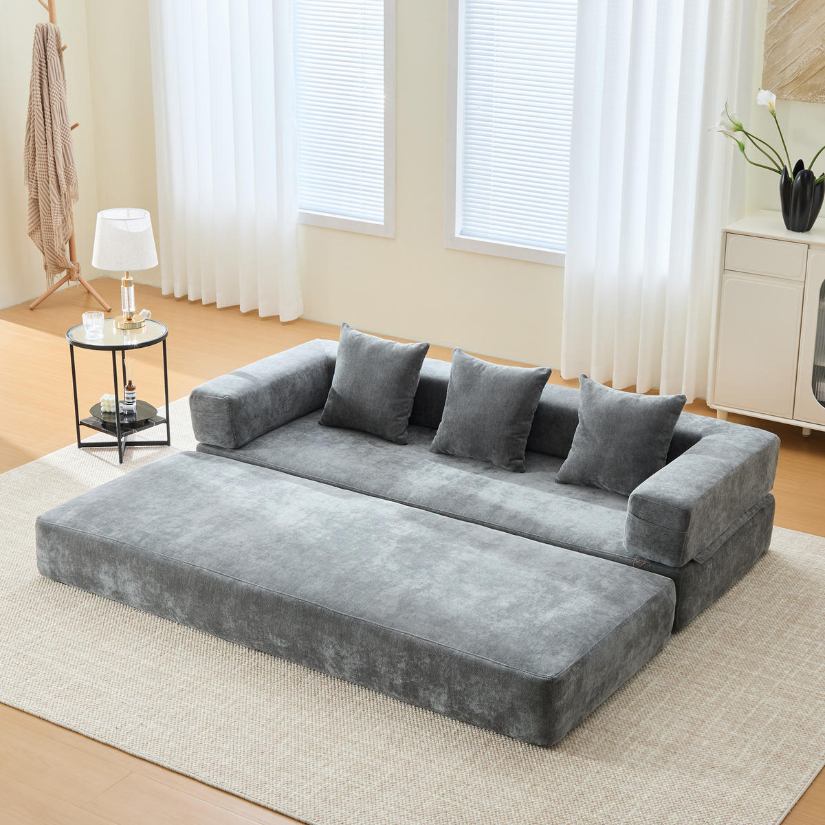 SCHLAFSOFA 198/79/60 cm Dunkelgrau mit Aufbewahrungstaschen - Dunkelgrau, Textil (198/60/79cm) - Oxeza