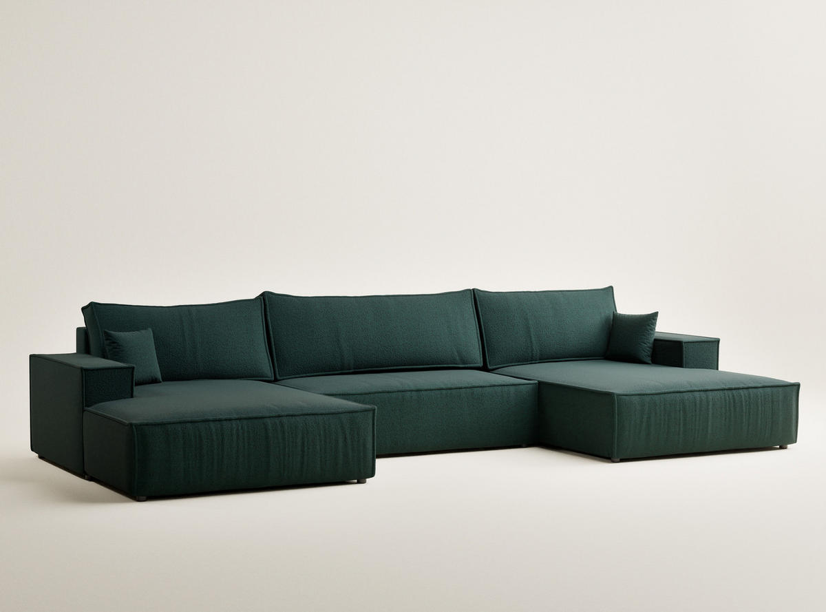 WOHNLANDSCHAFT Kyoto Grün Webstoff - Schwarz/Grün, Holz/Holzwerkstoff (398/70/148cm) - Maison de Reve