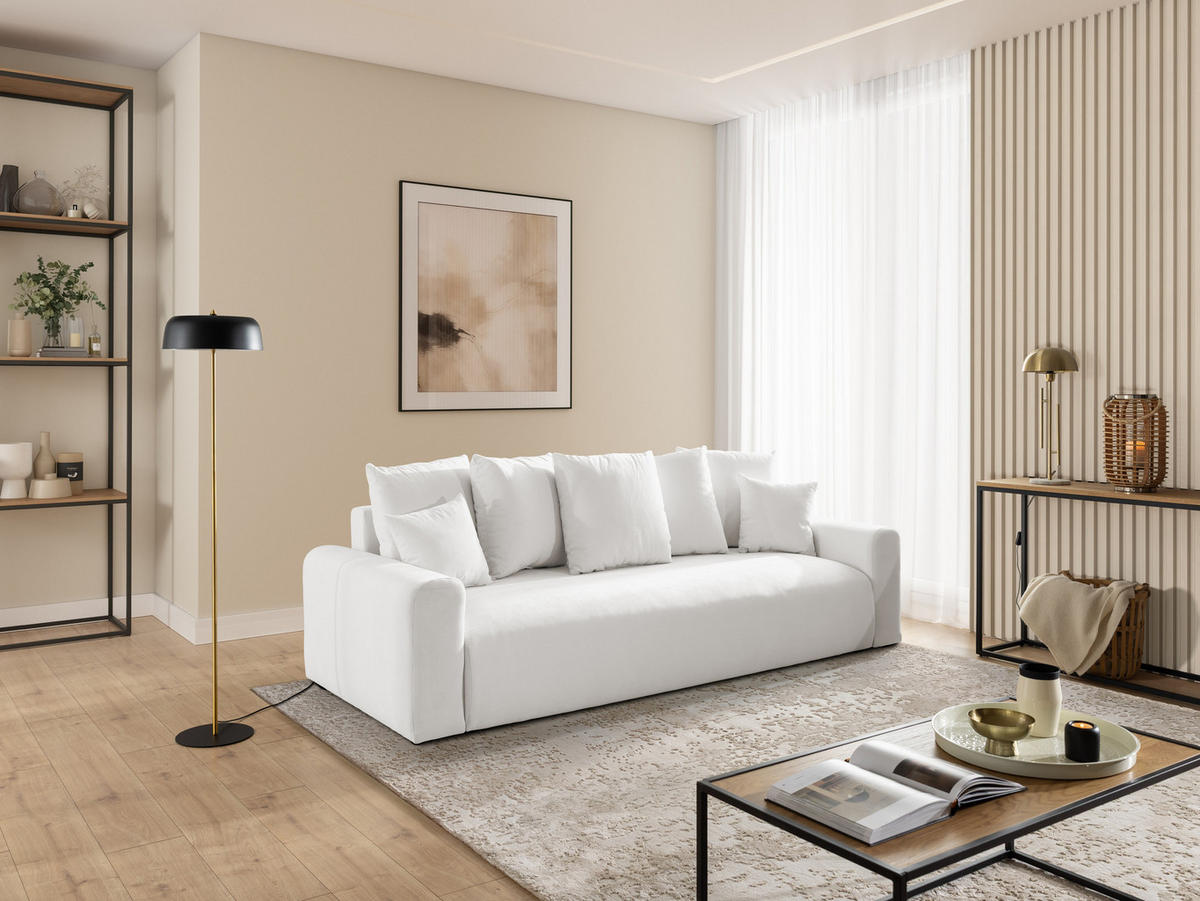 SCHLAFSOFA Calma mit Bettkasten im Bumpy-Design aus weichem Creme Webstoff - Creme/Schwarz, Holz/Kunststoff (239/88/98cm) - S-Style