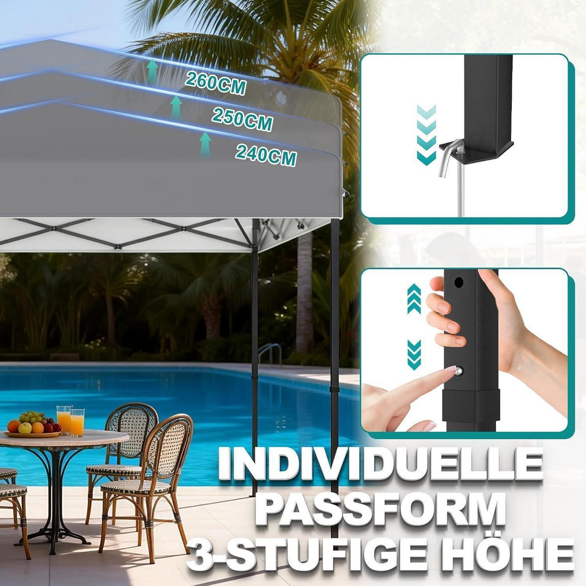 FALTPAVILLON 300 x 300 cm Silbergrau mit One-Touch Lift - Grau, Textil (300/260/300cm)