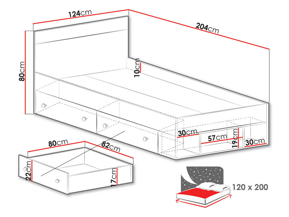 JUGENDBETT Pixel PX14/15 L/P - Eichefarben/Weiß, Holzwerkstoff (120/200cm)