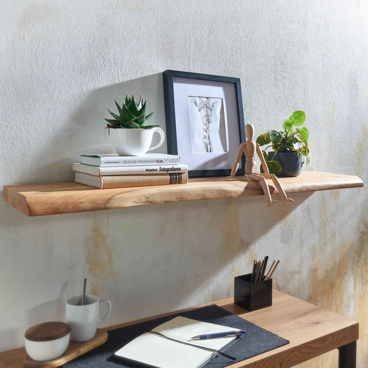 WANDREGAL Akazienholz Baumkante Rustikal, Beige 100x26x4 cm - Beige, Holz (100/4/26cm) - KADIMA DESIGN