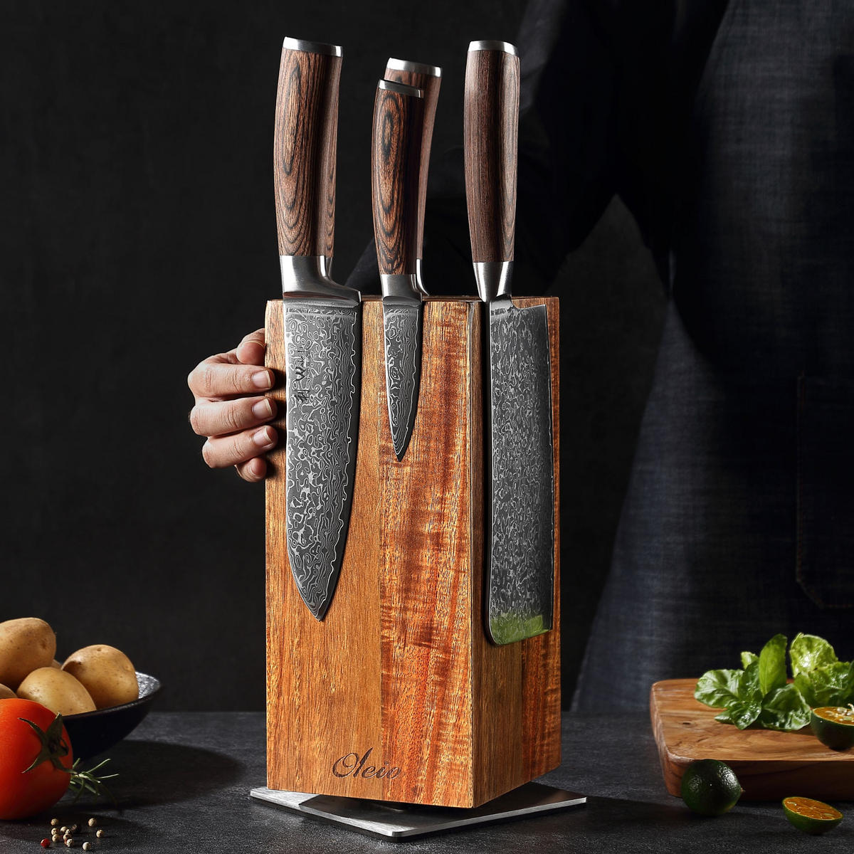 DREHBARER MESSERBLOCK - Akaziefarben, Holz (12/26/12cm) - Oleio