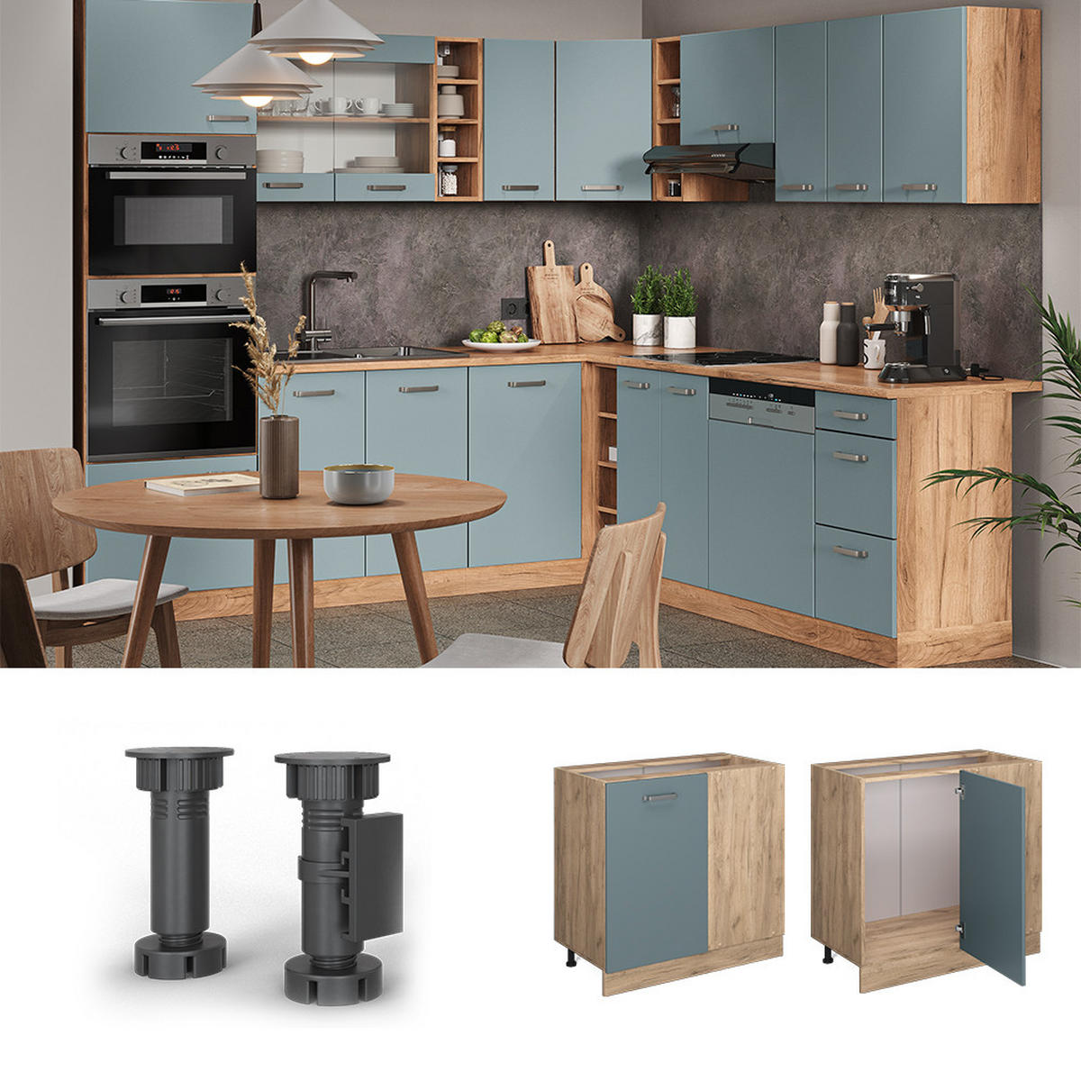 ECKUNTERSCHRANK R-Line Blau-Grau 86 cm AP Marmor - Honigeiche/Eiche Wotan, Holzwerkstoff (86/81.6/60cm) - Vicco