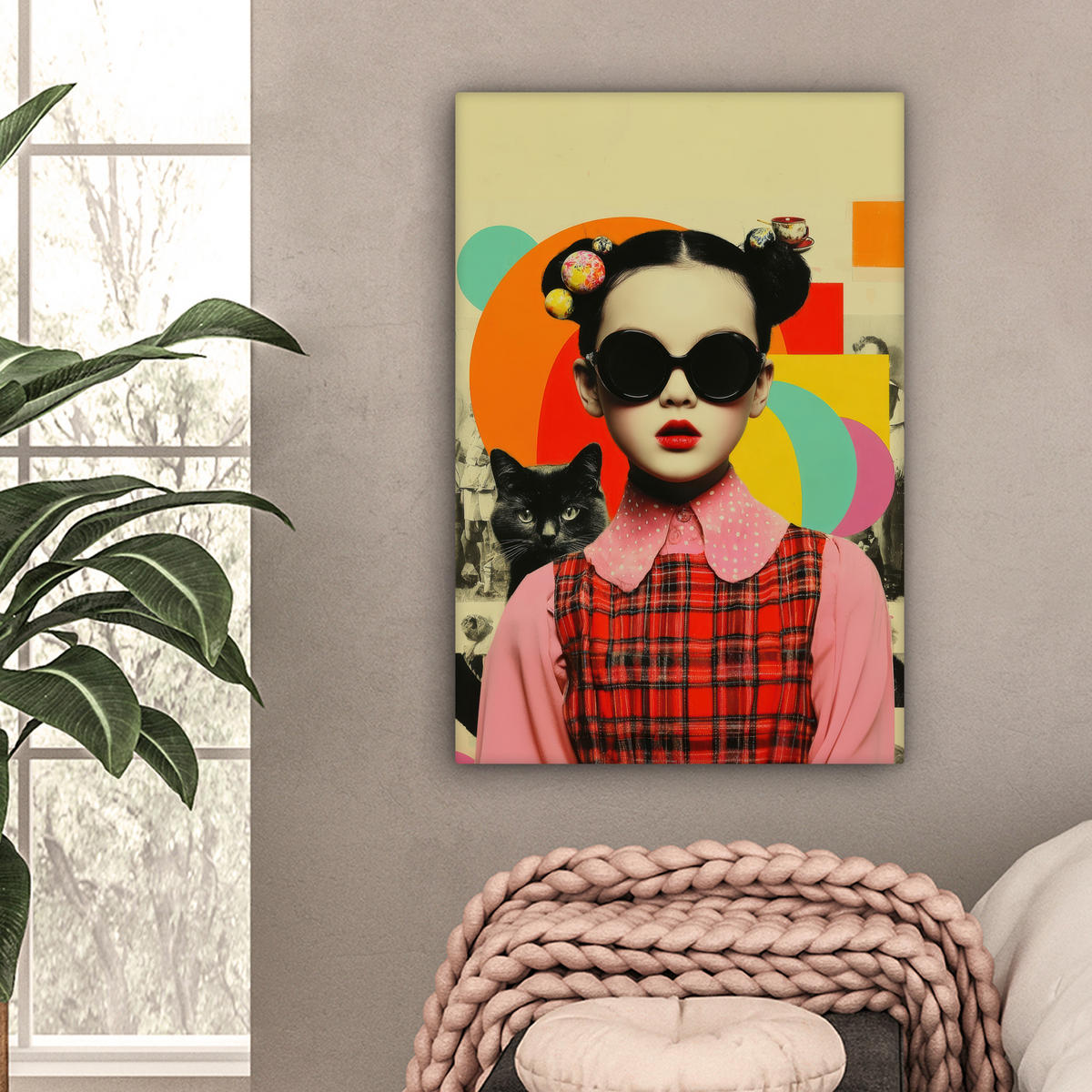 LEINWANDBILD Mädchen - Sonnenbrille - Katze - Retro Wanddeko Schlafzimmer 60x90 cm - Beige, Textil (60/90cm) - MuchoWow