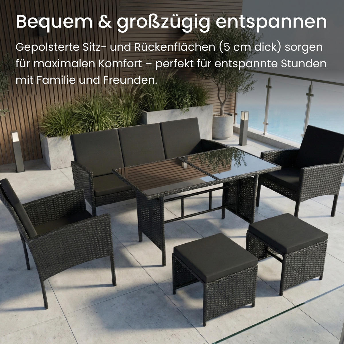 GARTENMÖBEL-SET mit 3-Sitzer Sofa, 2 Stühle, 2 Hocker mit schwarze Kissen - Schwarz, Metall - Home Collective