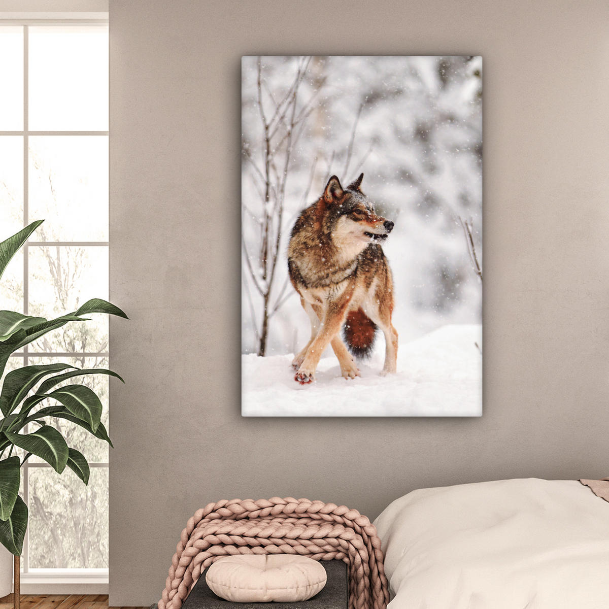 LEINWANDBILD Wolf - Winter - Schnee - Natur - Tiere 80x120 cm - Haselnussfarben, Textil (80/120cm) - MuchoWow