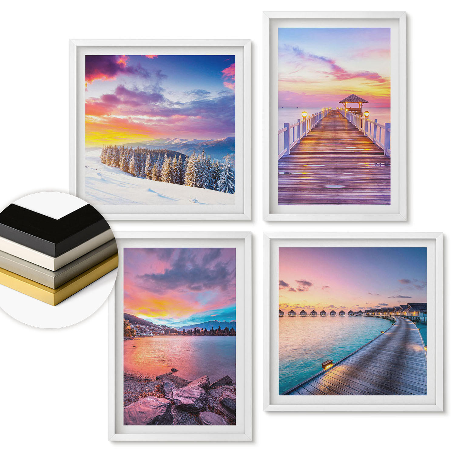 WANDBILDER 4er-Set - 50x50 cm & 40x60 cm Weißer Rahmen - Winterlandschaft des Pierbergs - Weiß, Kunststoff (50/50cm) - ArtPrintCave