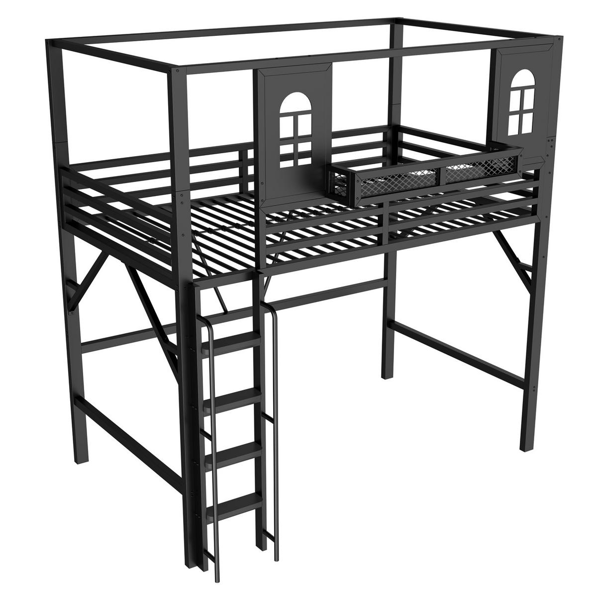 HOCHBETT aus Metall und MDF 90x200 cm Schwarz mit Dachdesign, Leiter und Ablagefach - Schwarz, Metall (90/200cm) - Modfu