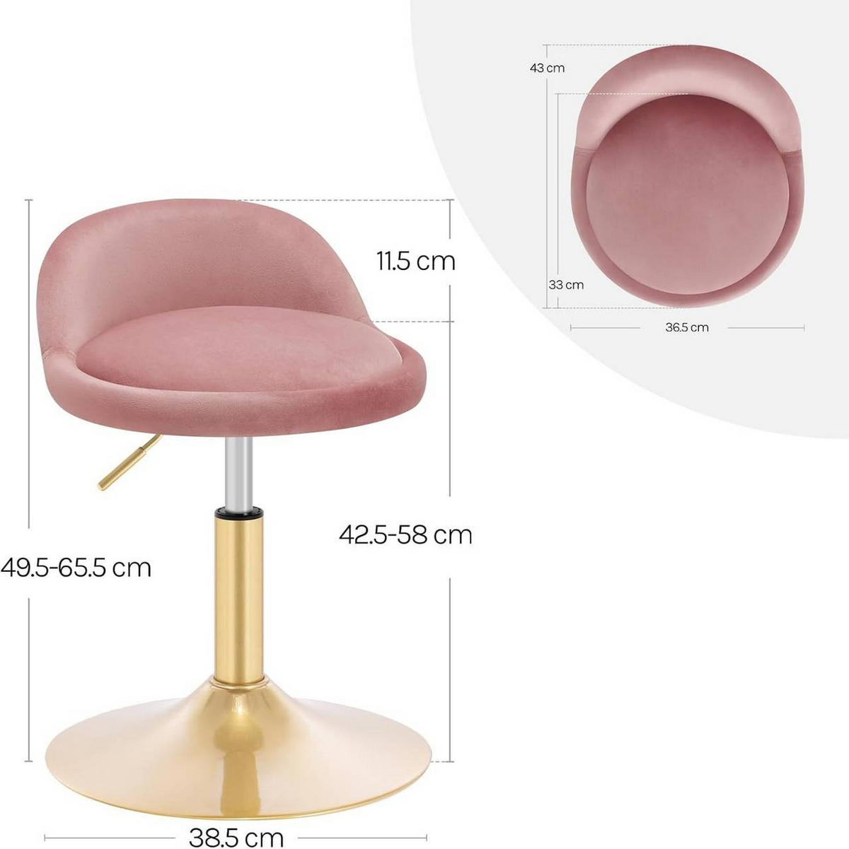 BARHOCKER 2er Set Drehhocker, Samt, Rosa+Gold - Goldfarben/Rosa, Kunststoff/Textil (38.5/49.5/43cm) - Woltu