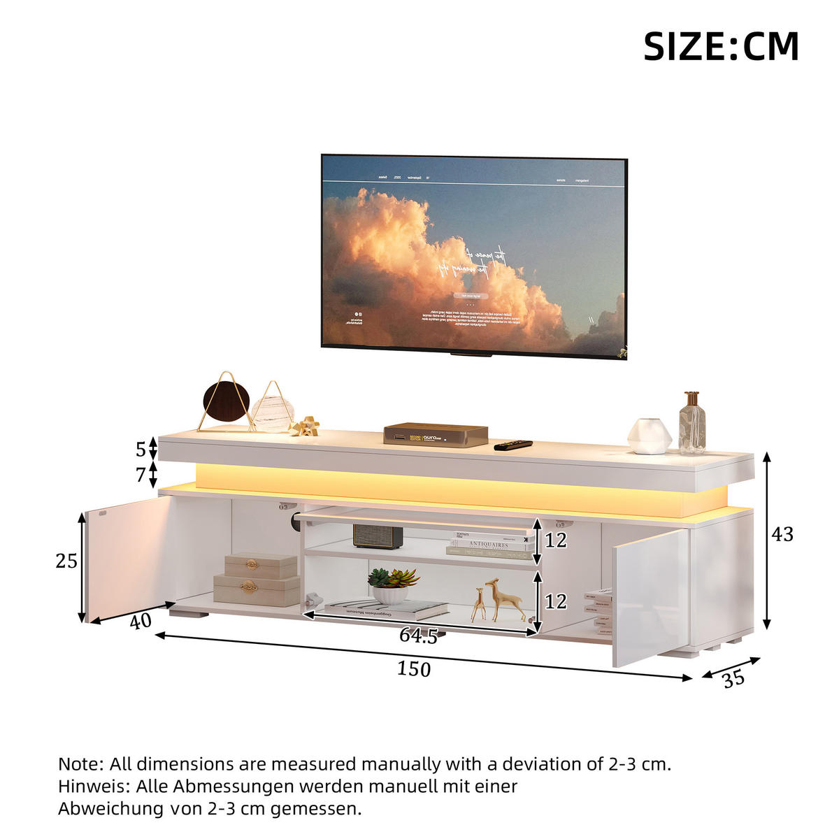 TV-LOWBOARD 150x35x43 cm Weiß LED 3 Türen Stauraum Spanplatte - Weiß, Holzwerkstoff (35/43/150cm) - FLIEKS