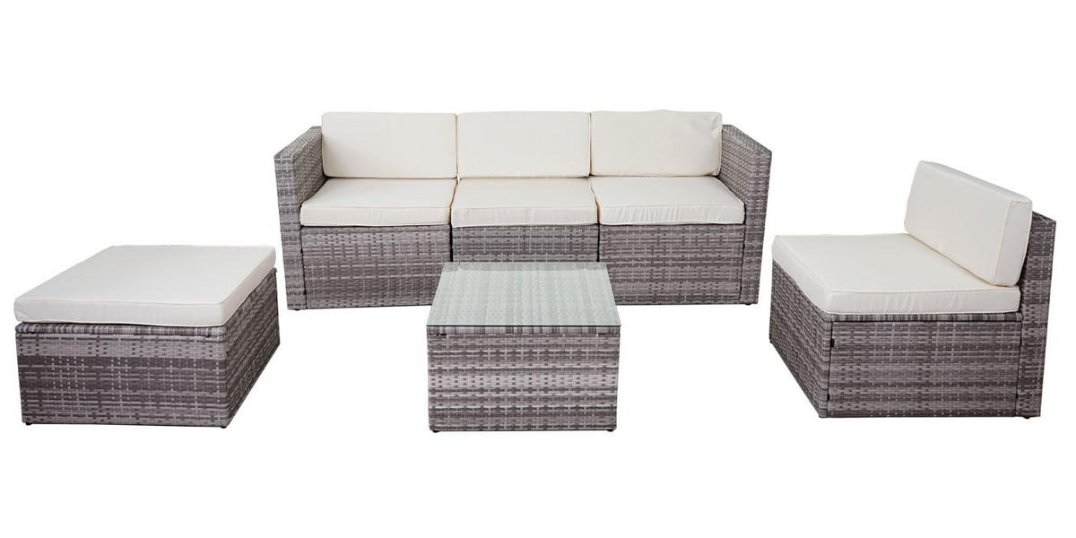 GARTEN-SET Poly-Rattan Grau Polster Creme - Grau, Textil - PROREGAL