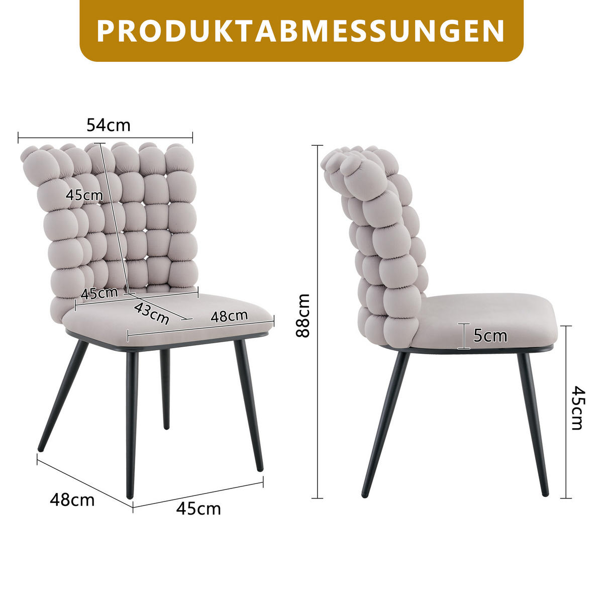 STUHL-SET DE-36754 2 Stück mit Kugelketten-Rückenlehne und Samtbezug Hellgrau - Hellgrau, Metall (48/88/54cm) - ComfortXL