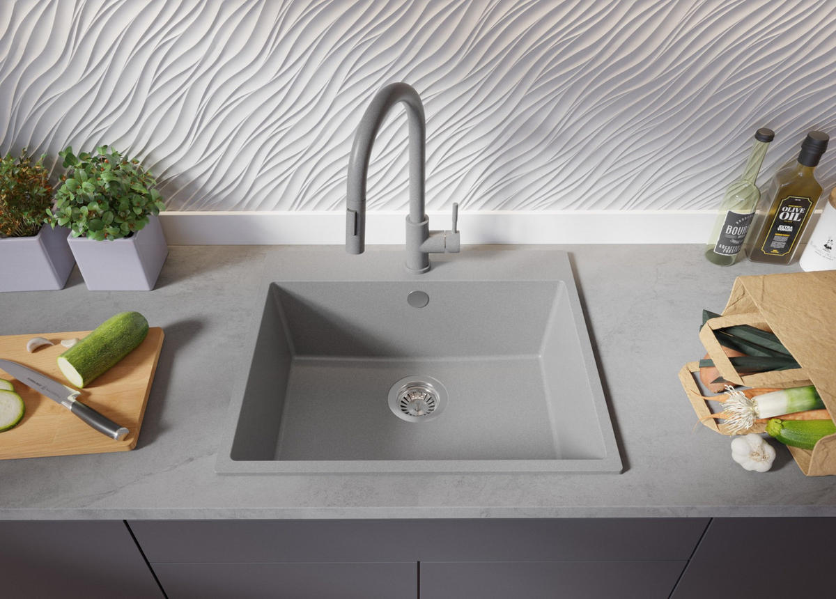 SPÜLBECKEN Riga, 2-er set Grau 58/50 cm 1 Becken + Ablauf-Set ab 60er Unterschrank - Chromfarben/Grau, Kunststoff (58/20/50cm) - Primagran