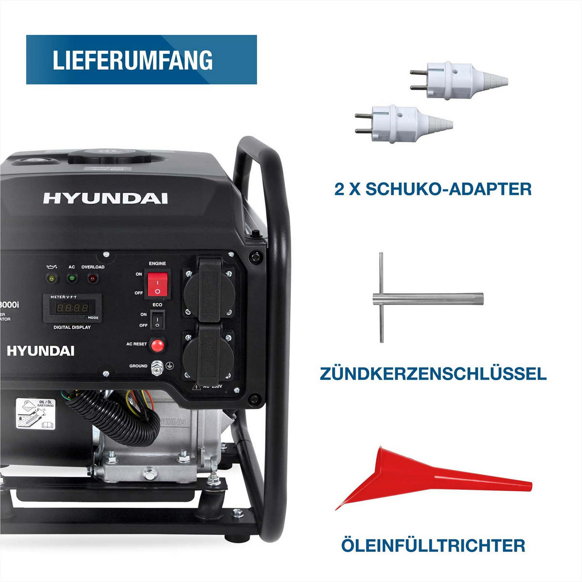 INVERTER-GENERATOR HY3000i (3.0 kW, tragbar, 2 x 230V) - Schwarz, Metall (46.3/35.5/42.5cm) - HYUNDAI