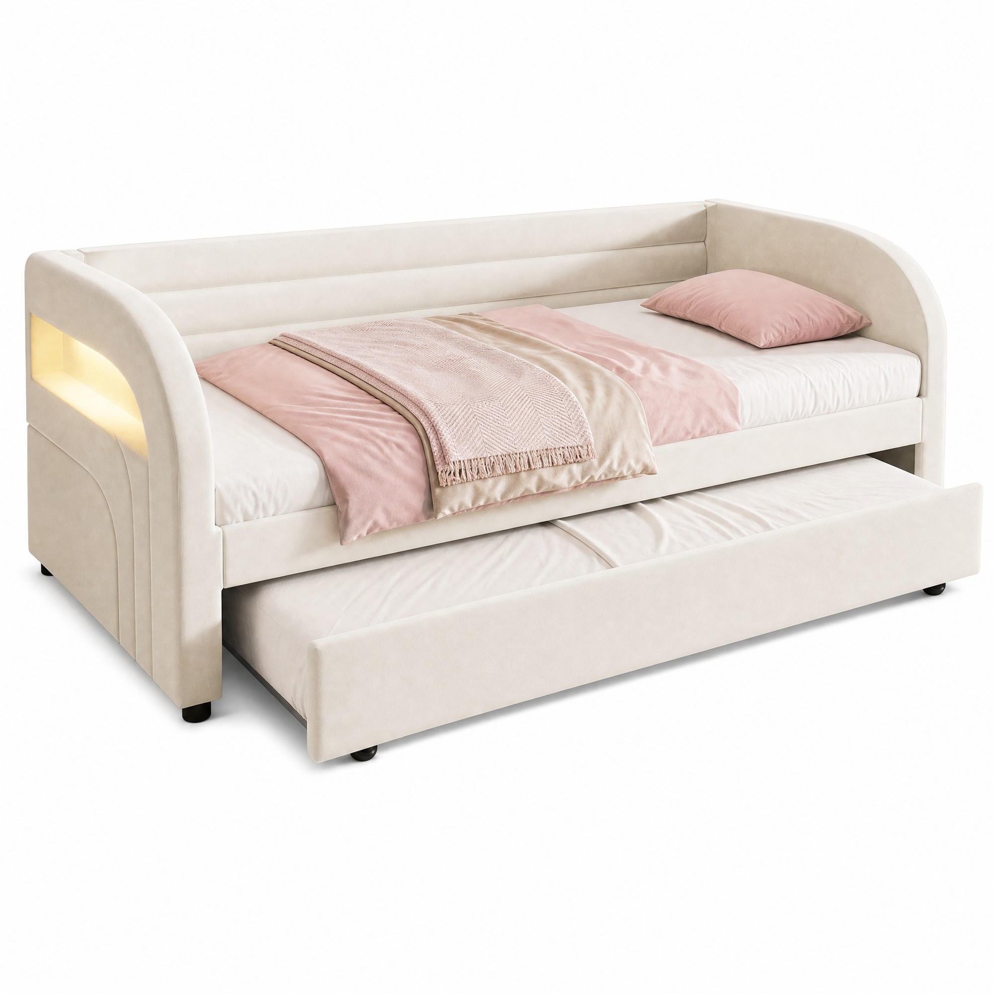 POLSTERBETT 90/200 mit Ausziehbett, LED-Beleuchtung und gepolstertem Samtbezug in Beige - Weiß, Holzwerkstoff/Textil (90/200cm) - EVRYAE