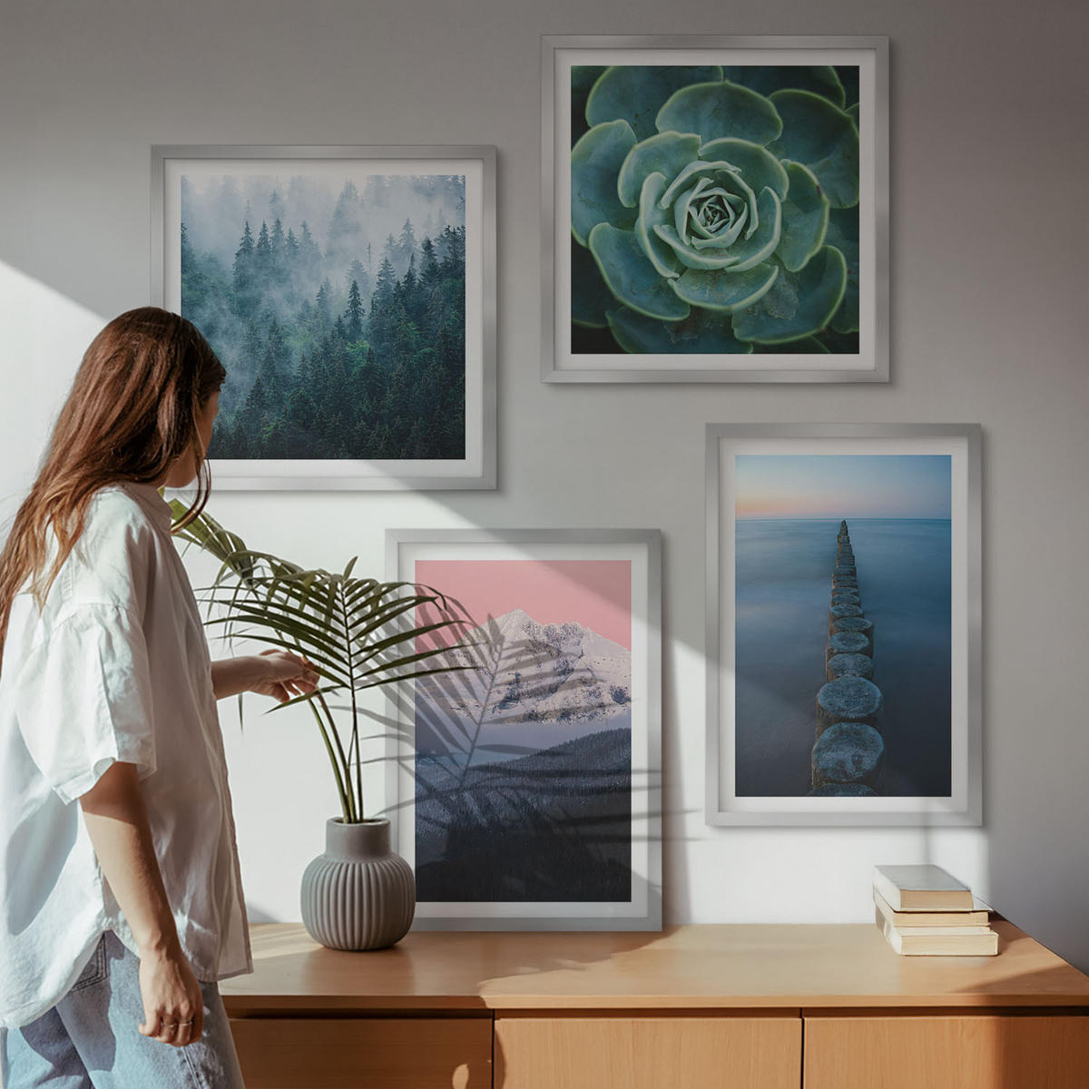 BILDER SET 4er Set - 50x50 cm & 40x60 cm Silberner Rahmen - Berge, rosa Himmel, Wasser, Sukkulente - Silberfarben, Kunststoff (50/50cm) - TULUP