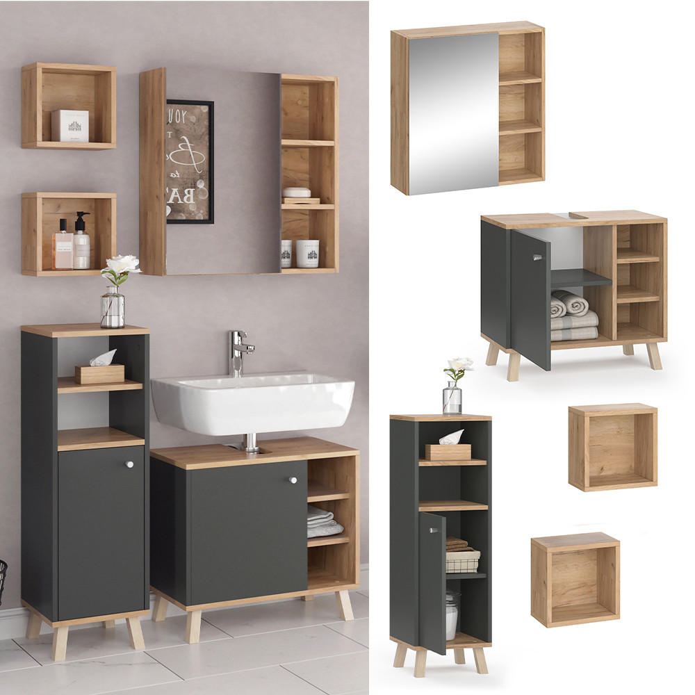 BADMÖBEL-SET Senyo Anthrazit 4 Teile, mit Hängeschrank - Honigeiche/Anthrazit, Holzwerkstoff (62/54/32cm) - Vicco