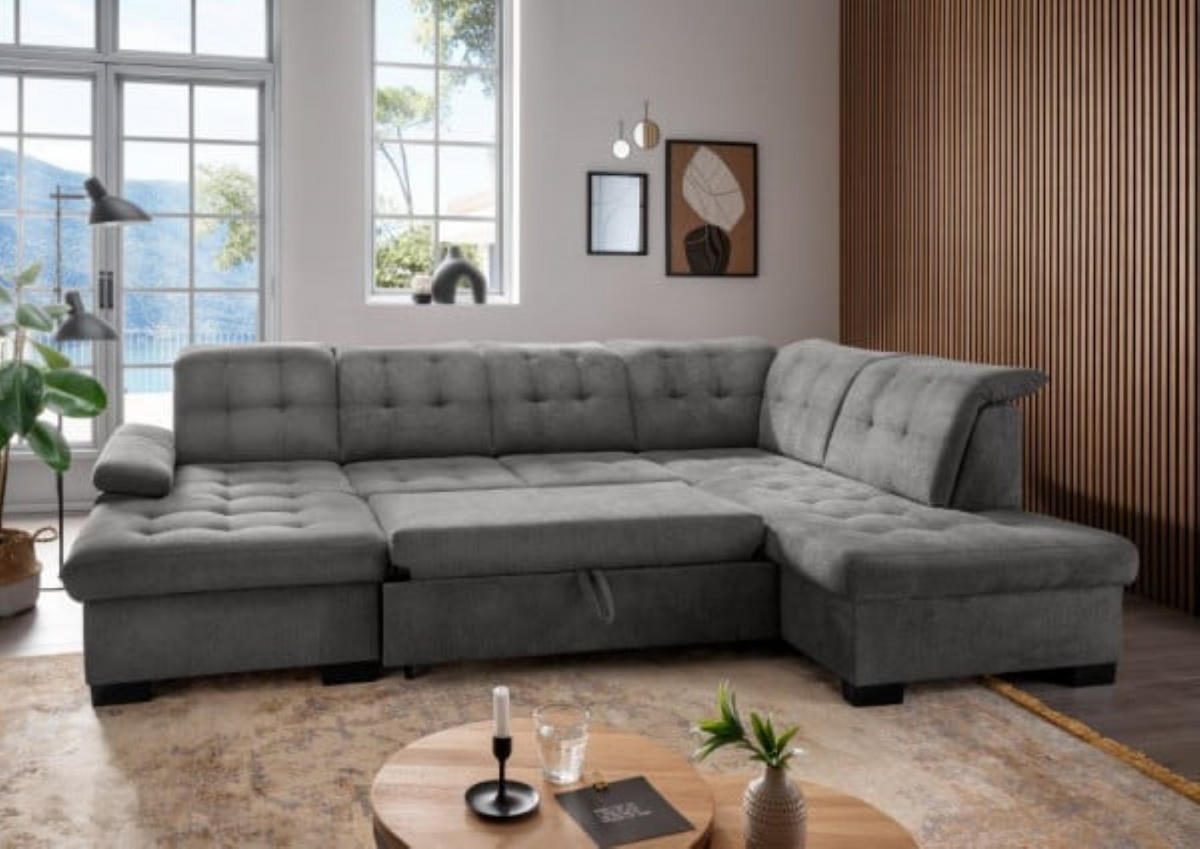 WOHNLANDSCHAFT mit Schlaffunktion und Bettkasten, verstellbare Kopflehnen - Schwarz/Grau, Kunststoff/Textil (216/163/305cm) - myHomelando