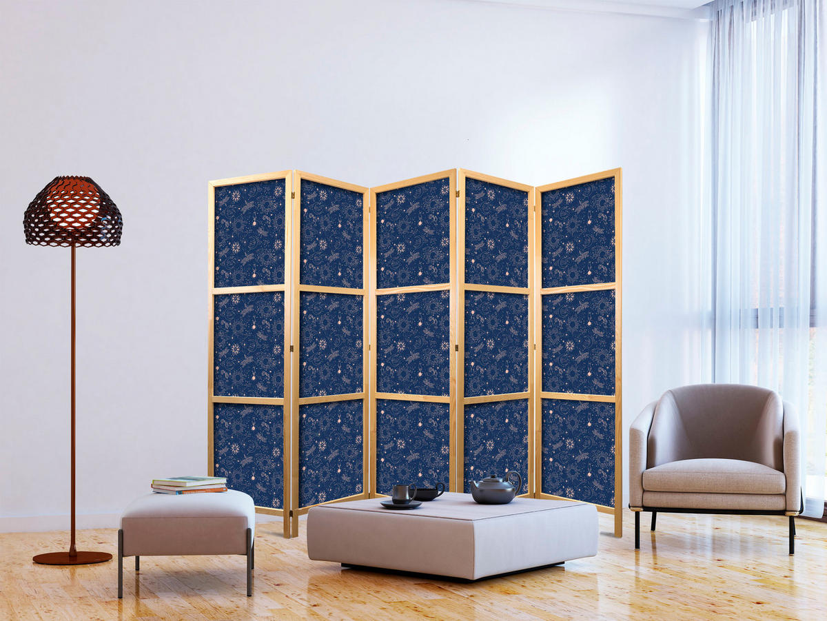 PARAVENT Japanischer 5-tlg 225x172 cm Kosmische Inspiration - Blau, Holz/Textil (225/172/3cm) - Muralo