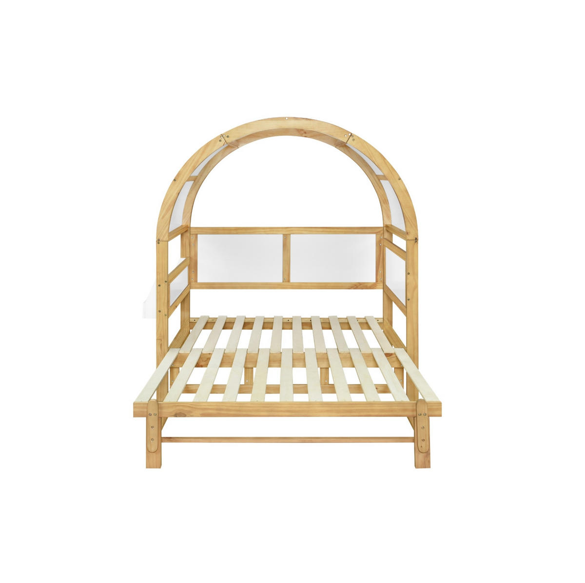 HAUSBETT aus Kiefer und MDF 140x200 cm Weiß/Natur mit Ausziehbett, Ablagefläche und gewölbtem Dach - Weiß, Holzwerkstoff (140/200cm) - Modfu