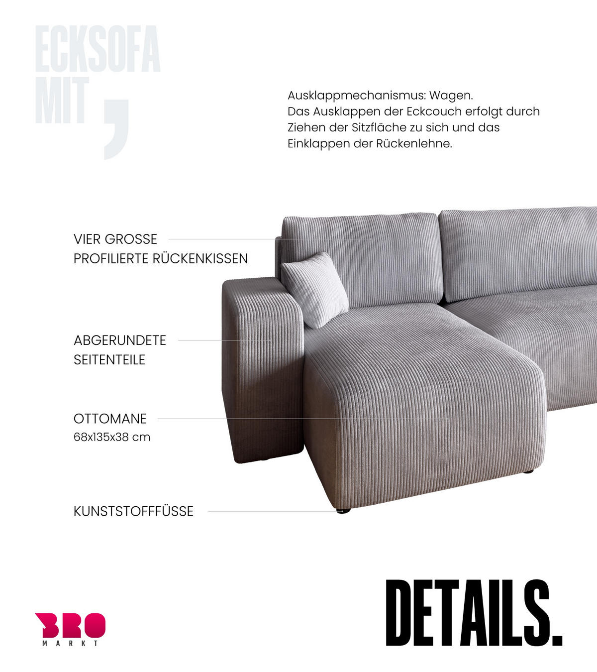WOHNLANDSCHAFT PUMI mit Schlaffunktion Hellgrau Cord - Hellgrau, Textil (312/82/148cm) - Bromarkt