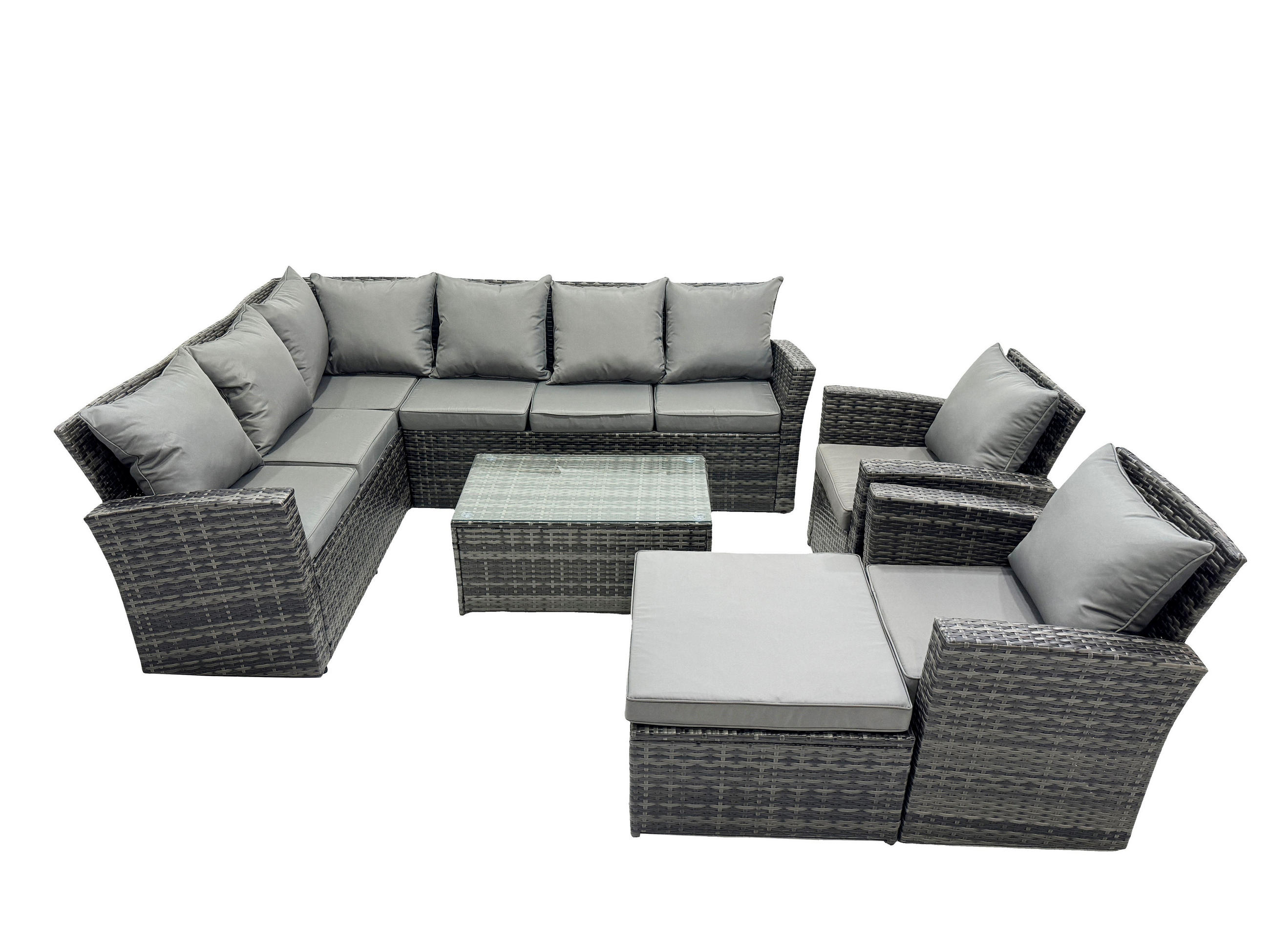 BALKONMÖBEL-SETS mit Ecksofa,Länglicher Couchtisch,Große Fußhocker,2 Sesseln Polyrattan Dunkelgrau 9-Sitzer - Dunkelgrau/Grau, Glas/Kunststoff - Fimous