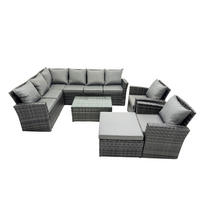 BALKONMÖBEL-SETS mit Ecksofa,Länglicher Couchtisch,Große Fußhocker,2 Sesseln Polyrattan Dunkelgrau 9-Sitzer - Dunkelgrau/Grau, Glas/Kunststoff - Fimous
