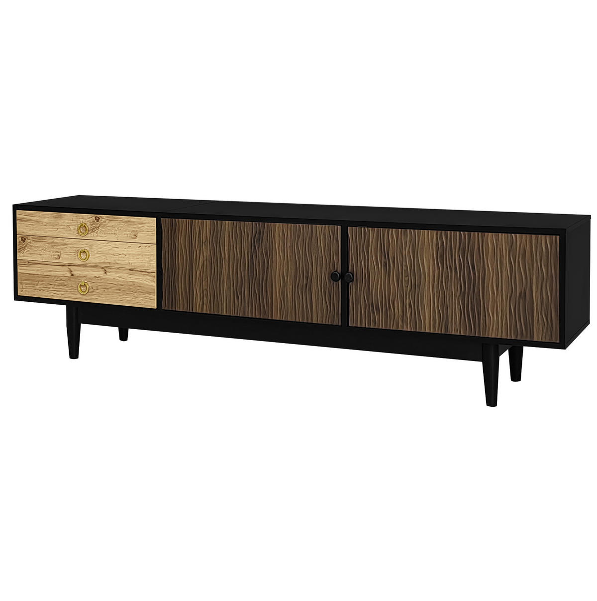 LOWBOARD 180/38/50 cm schwarz/natur aus MDF und Spanplatte mit Wellenmuster und 3 Schubladen - Schwarz, Holzwerkstoff (38/50/180cm) - OKMYHOME