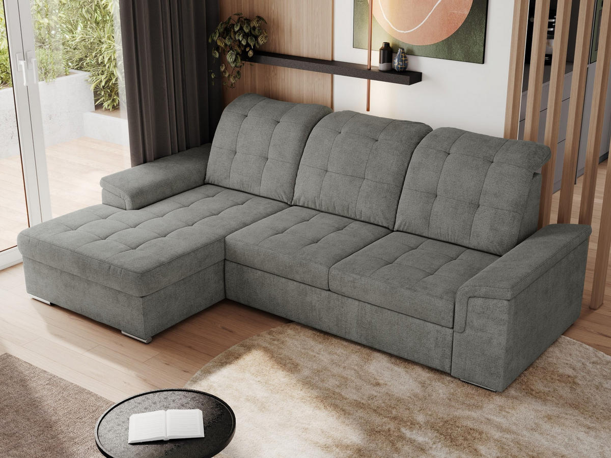 ECKSOFA MADRITO L - Grau Struktur - Links - Silberfarben/Grau, Textil/Metall (160/256cm)