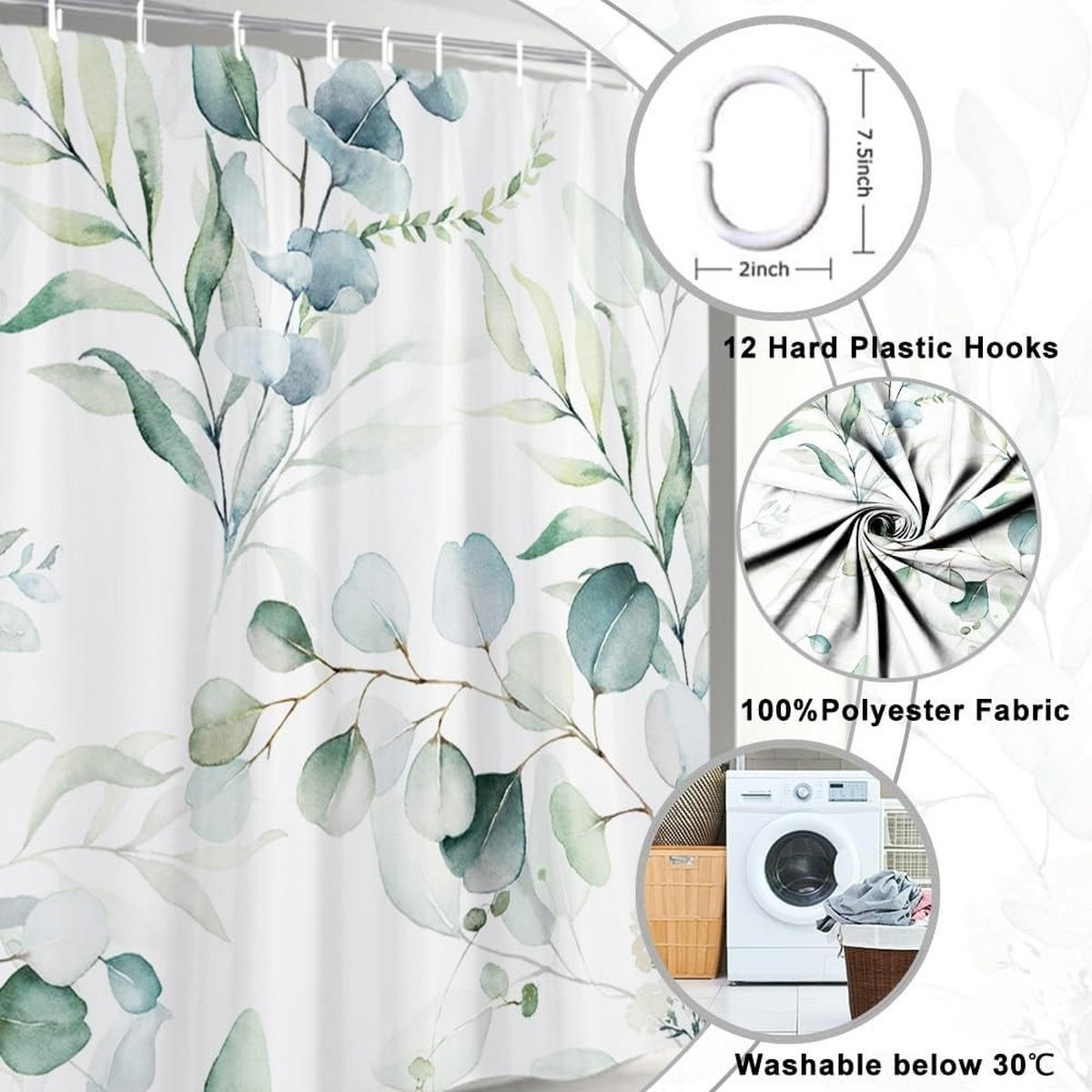 DUSCHVORHANG schimmelresistent Grün Blätter Blumen Weiß Badewanne Stoff waschbar wasserdicht - Grün, Textil (180/200cm) - MCBOSON