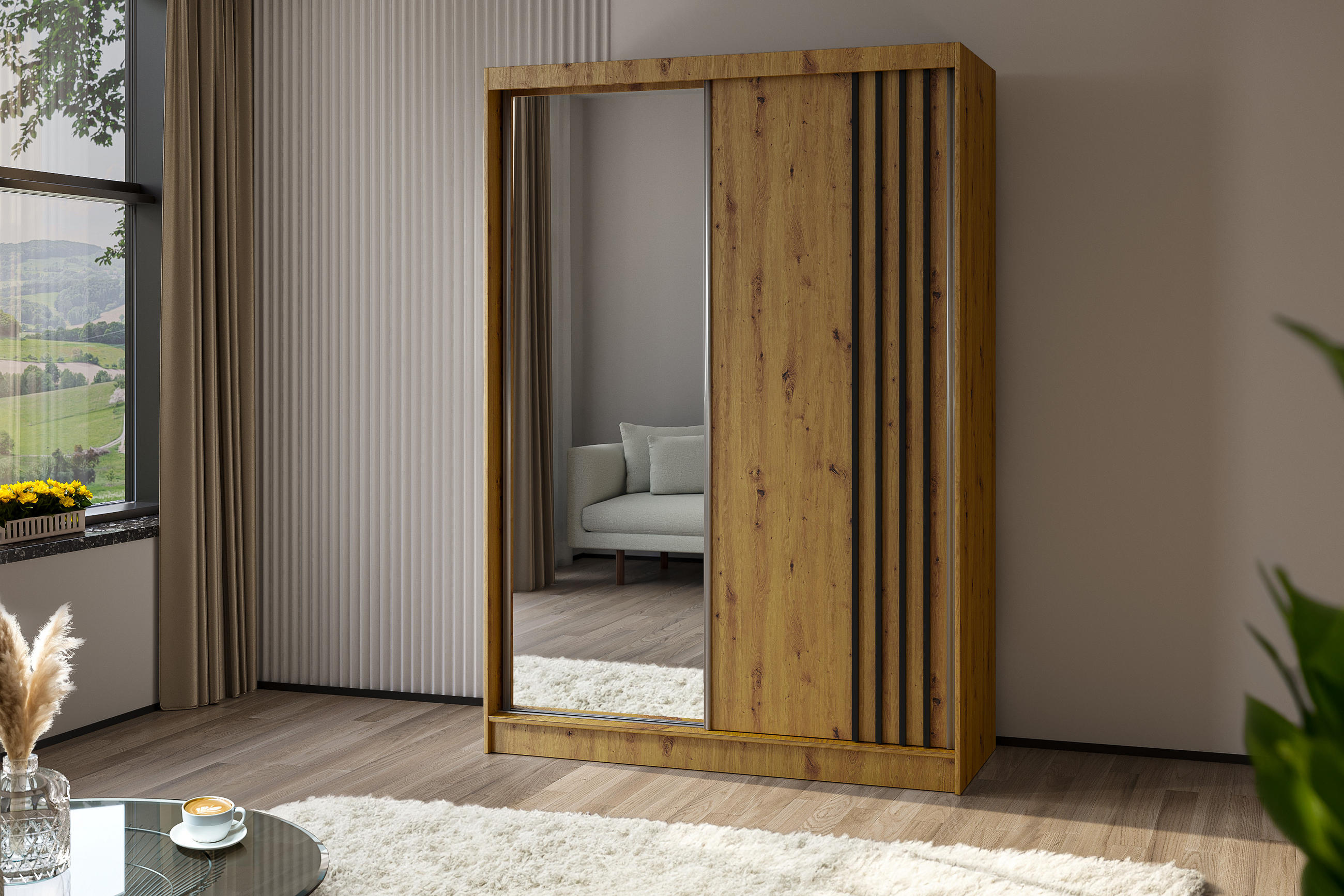 KLEIDERSCHRANK mit Spiegel-Schiebetüren und Aluminium-Leisten - NALLA - 150 cm Artisan+Artisan+Schwarz - Schwarz/Eiche Artisan, Holzwerkstoff (150/216/61cm) - ALTDECOR