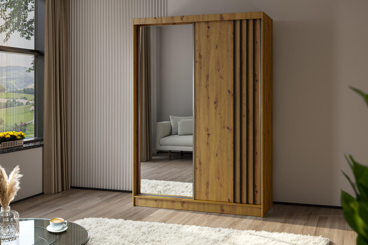 KLEIDERSCHRANK mit Spiegel-Schiebetüren und Aluminium-Leisten - NALLA - 150 cm Artisan+Artisan+Schwarz - Schwarz/Eiche Artisan, Holzwerkstoff (150/216/61cm) - ALTDECOR